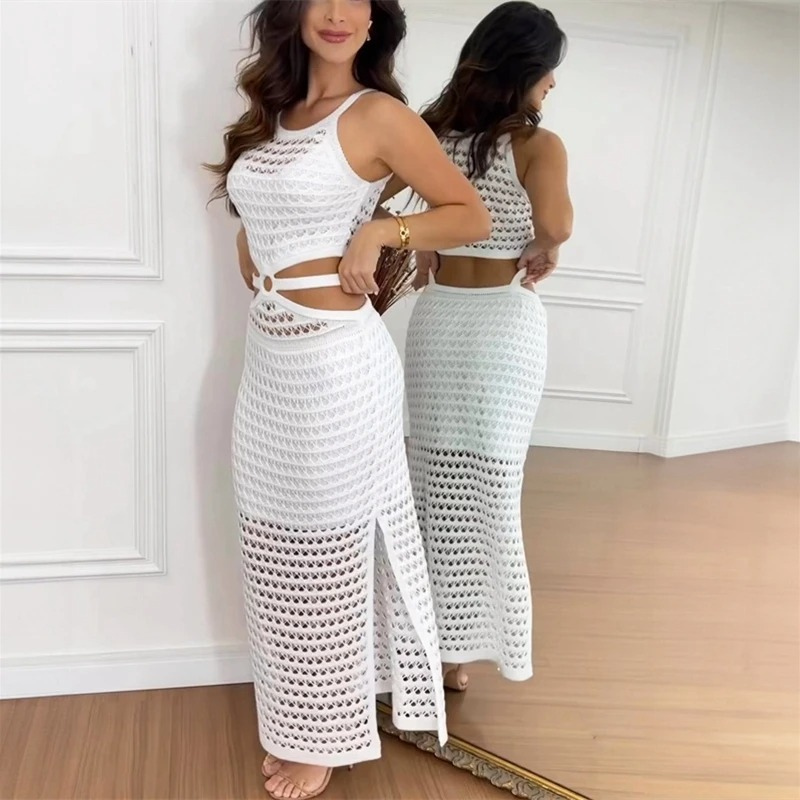 Open Knit Mesh Sleeveless Cut Out O-Ring Waist High Split Dress - View 7