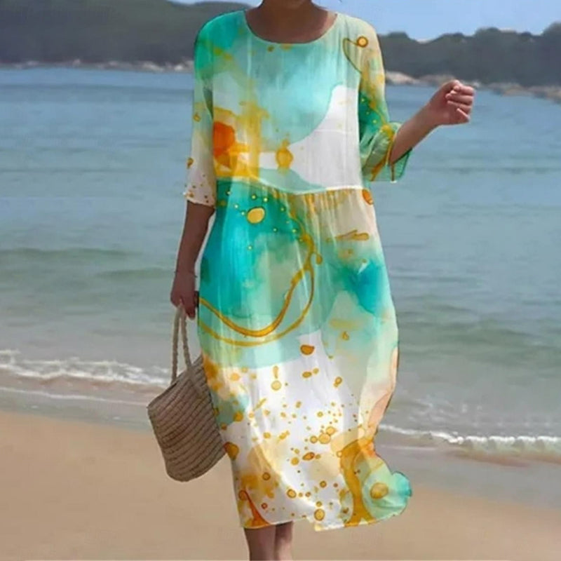 Large Floral Print Round Neck Half Sleeve Shift Midi Dress 4