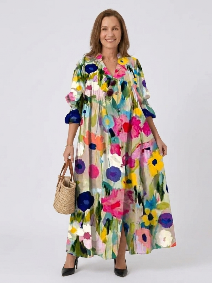 Watercolor Floral Notch Neck Puff Sleeve Maxi Dress