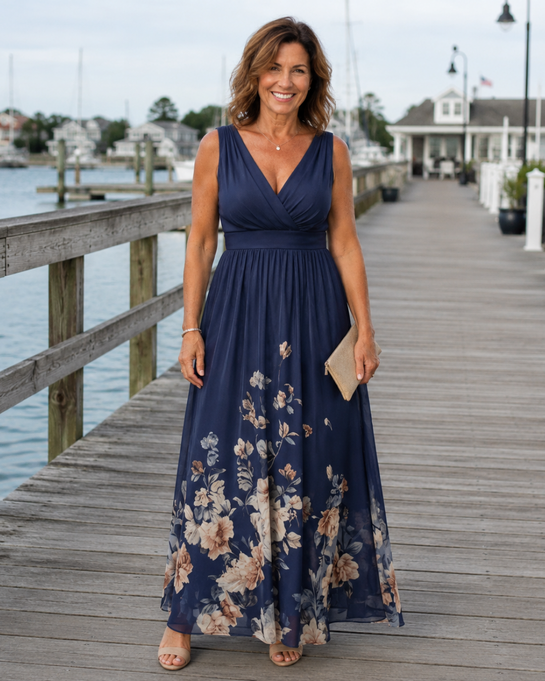 Floral Hem V-Neck Sleeveless Chiffon Maxi Dress