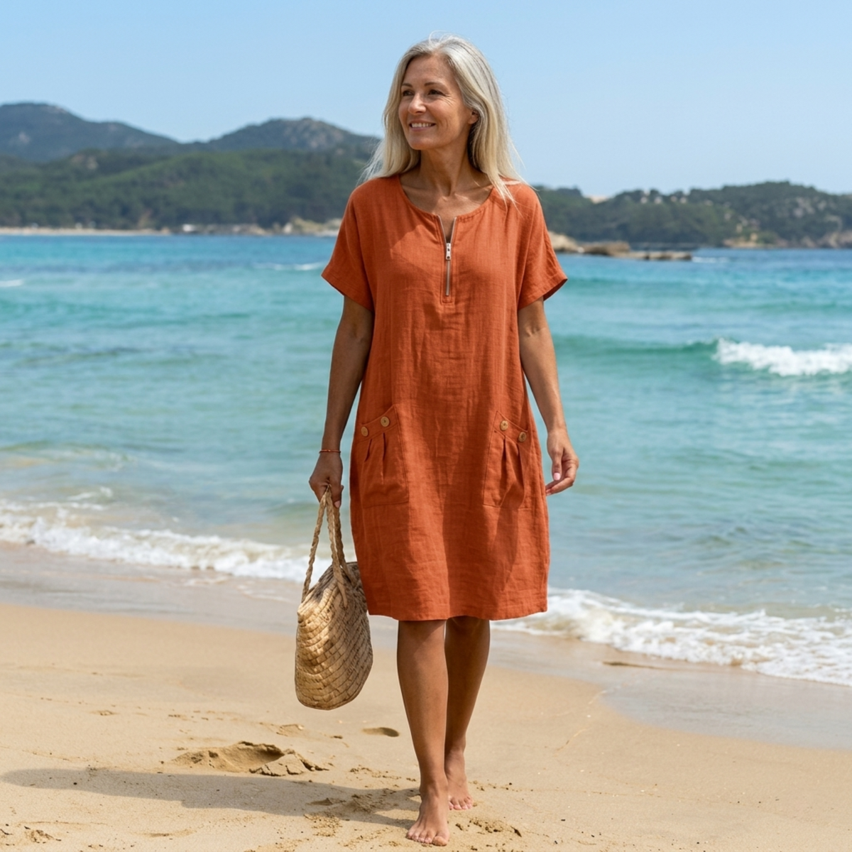 Zip Front Short Sleeve Pocket Linen Look Dress