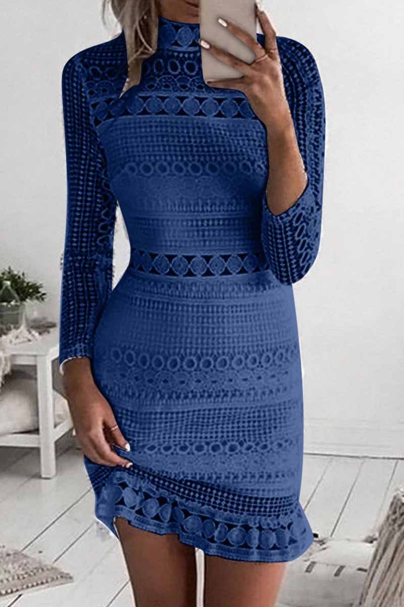 Mock Neck Long Sleeve Crochet Lace Ruffle Hem Bodycon Dress 3
