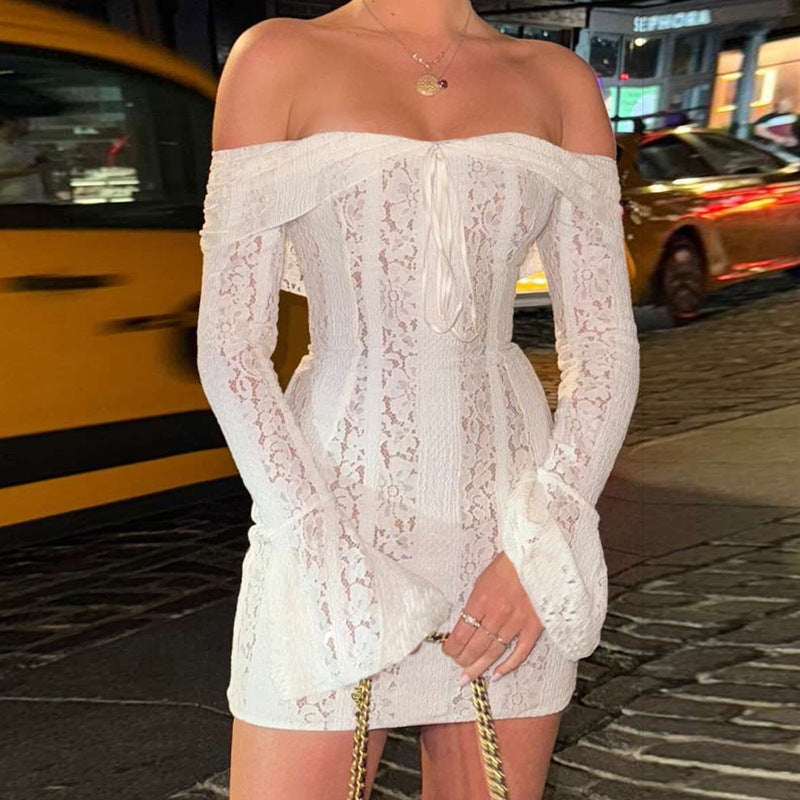 Off Shoulder Lace Bell Sleeve Ribbon Tie Bodycon Mini Dress - View 5