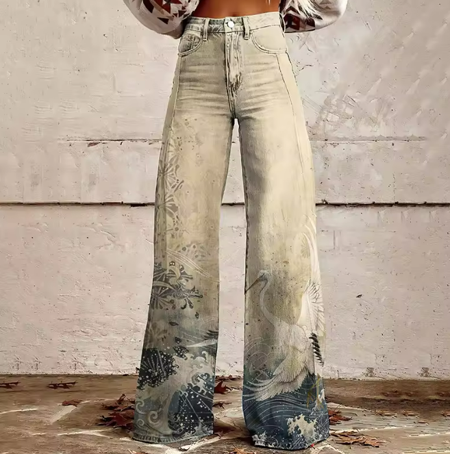 Crane Wave Print High Waist Wide Leg Pants