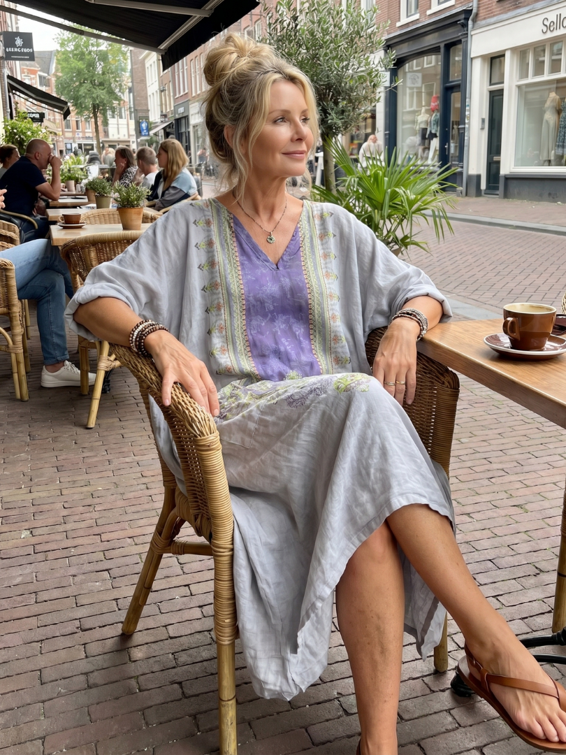 Border Print V-Neck Long Sleeve Pocket Maxi Dress 5