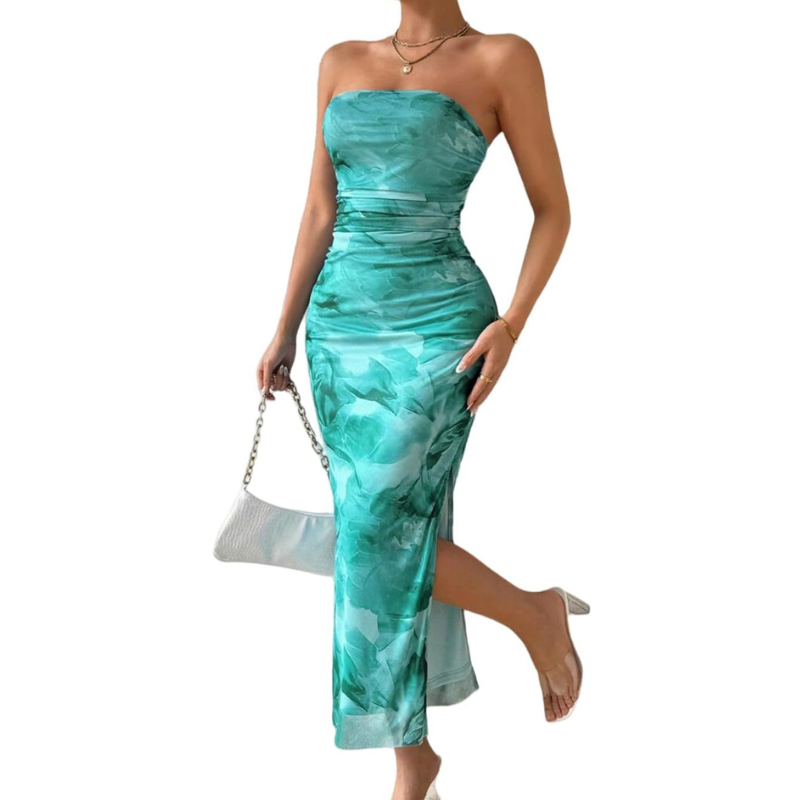 Floral Print Strapless Ruched High Split Bodycon Maxi Dress 5