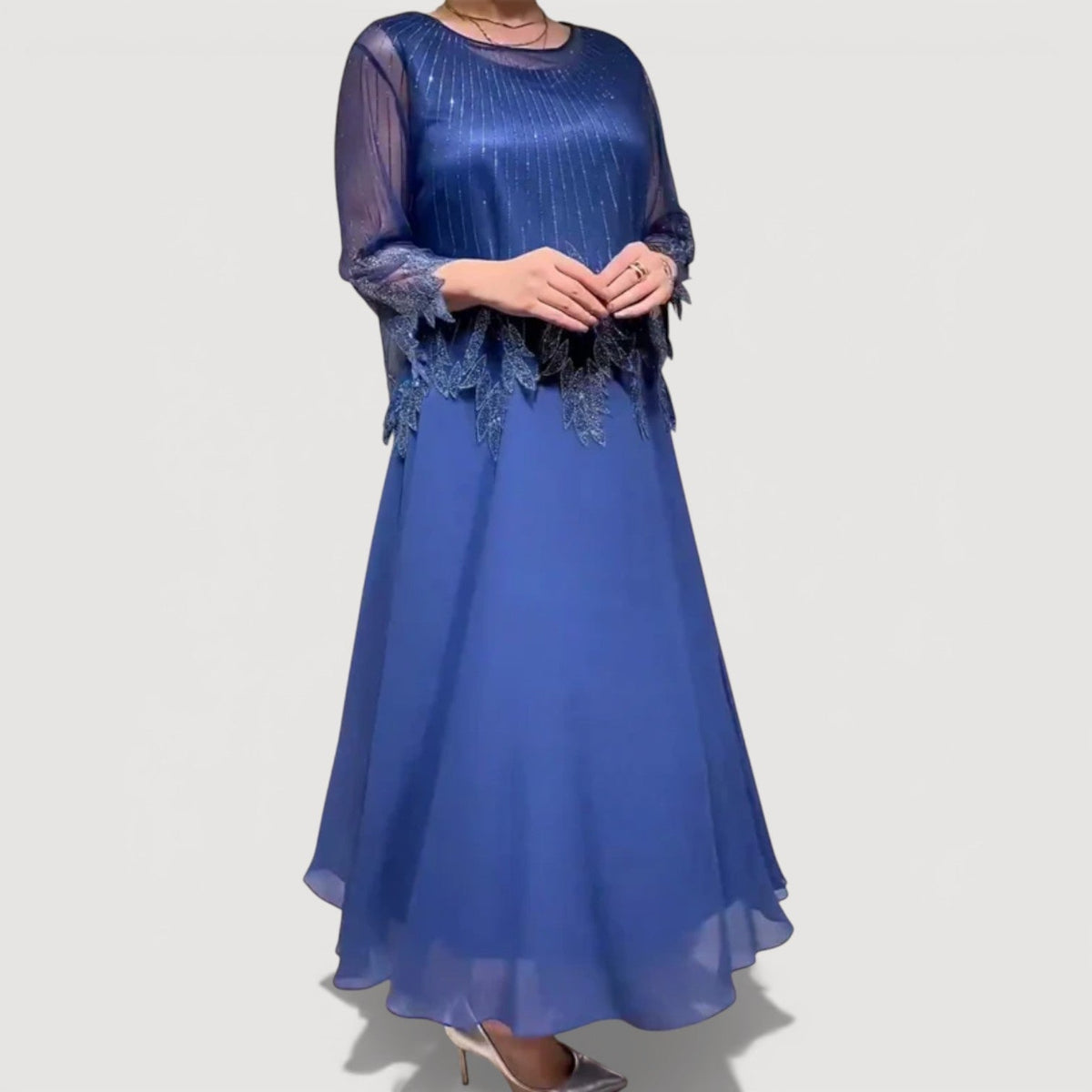 Beaded Illusion Neck Sheer Sleeve Floral Overlay Maxi Gown 4