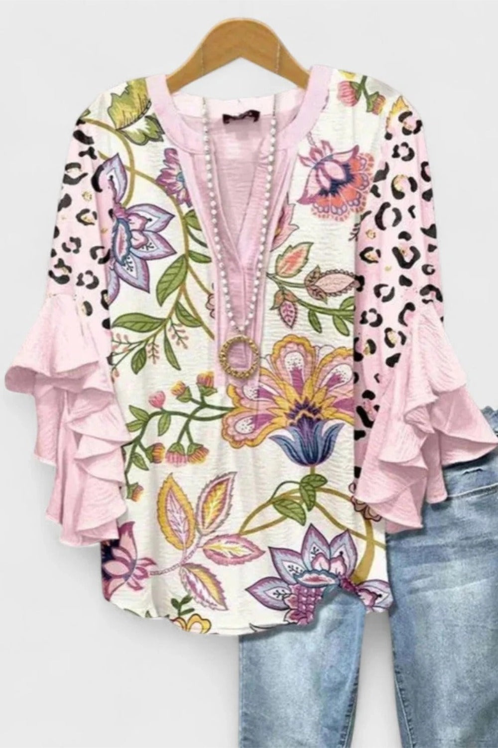 Floral Leopard Print Split Neck Ruffle Sleeve Blouse