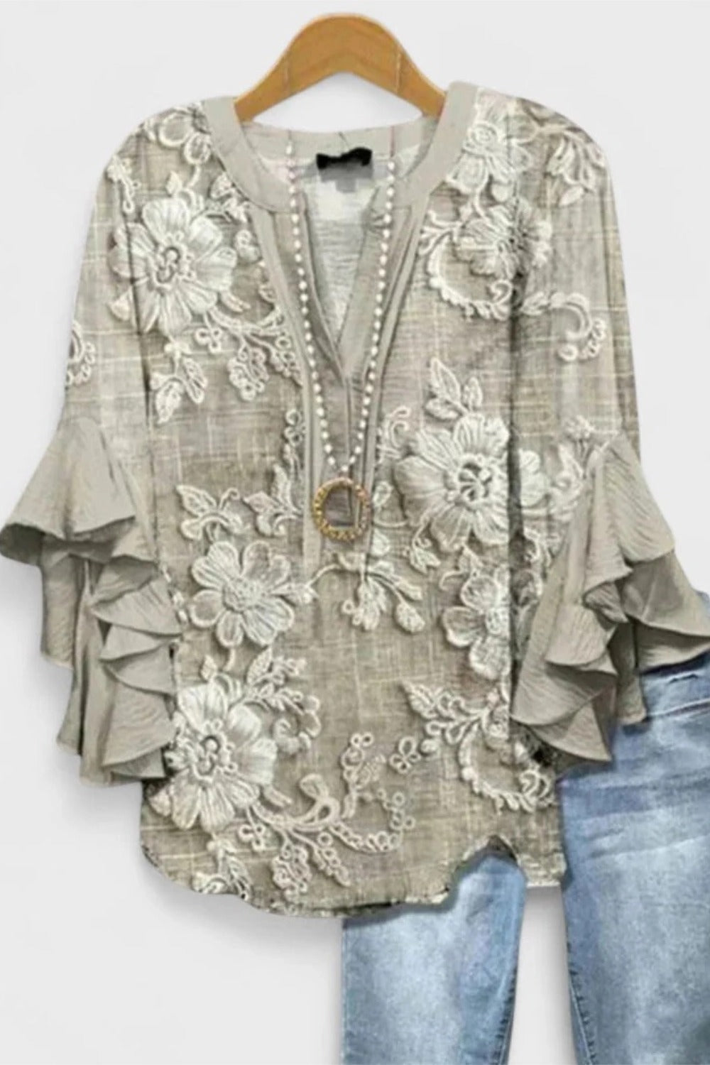 Floral Embroidered V-Neck Ruffle Bell Sleeve Blouse