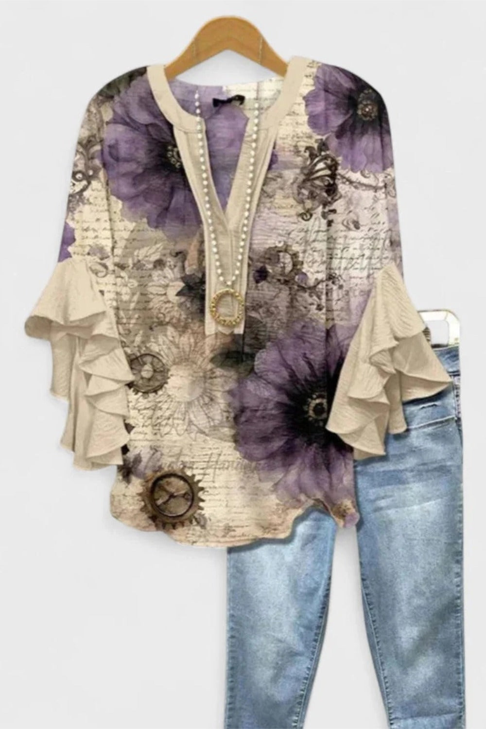 Floral Print Ruffle Sleeve Split Neck Pearl Trim Blouse