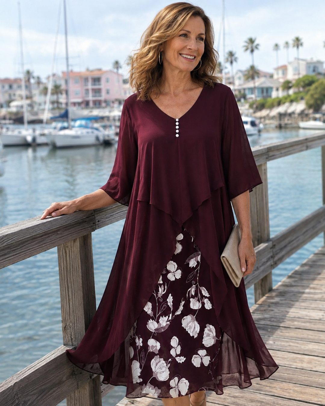 Floral Layered Ruffle V-Neck Half Sleeve Chiffon Midi Dress