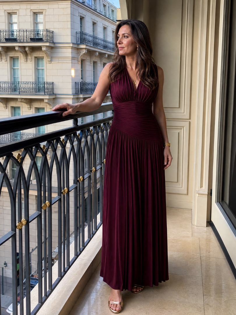 Pleated V-Neck Sleeveless Ruched Waist Maxi Gown 5