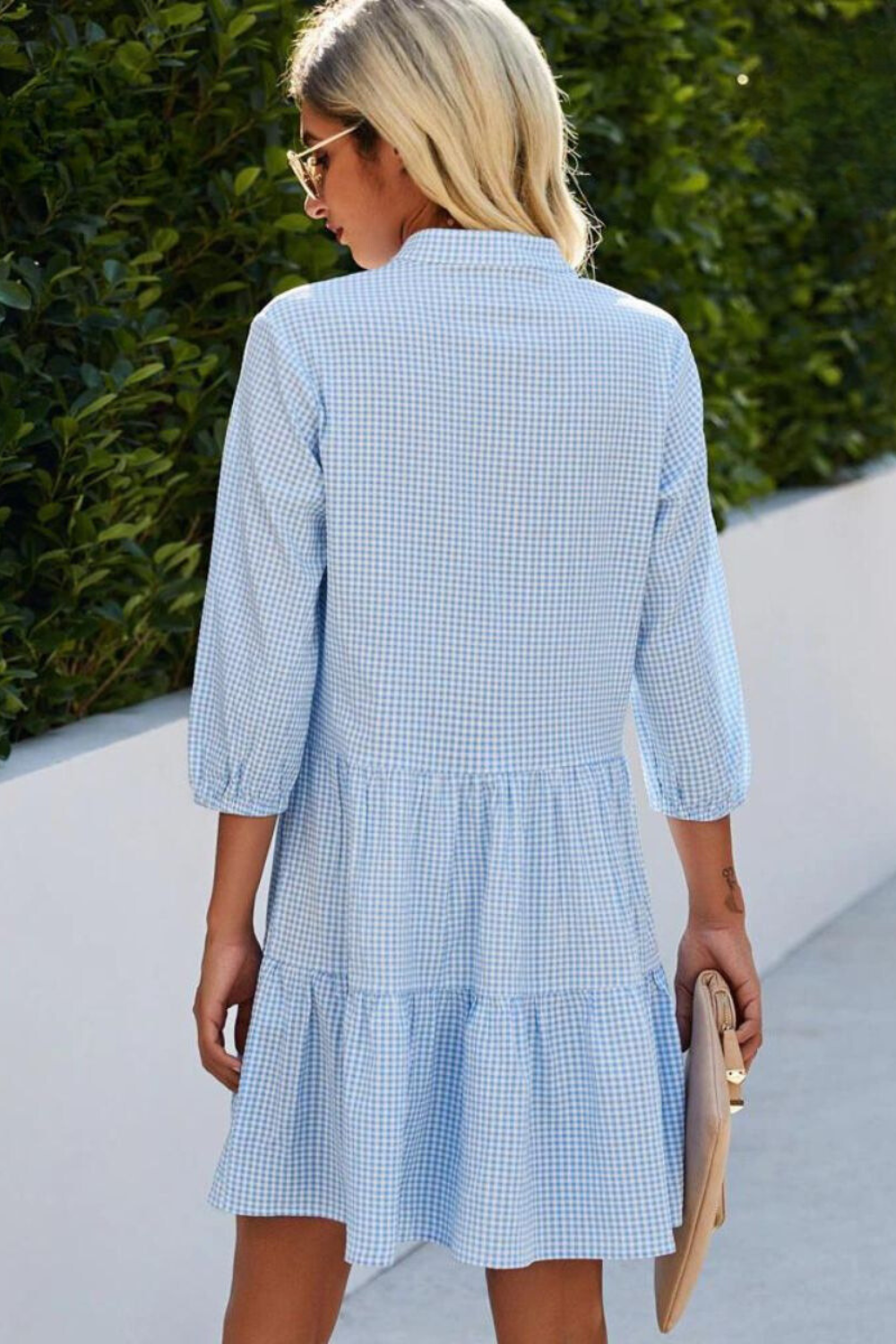 Gingham Check V-Neck Mandarin Collar Button Front Tiered Mini Dress - View 5