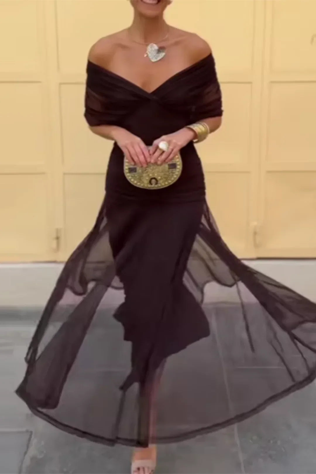 Chiffon Deep V-Neck Short Sleeve Ruched Waist Maxi Dress 8