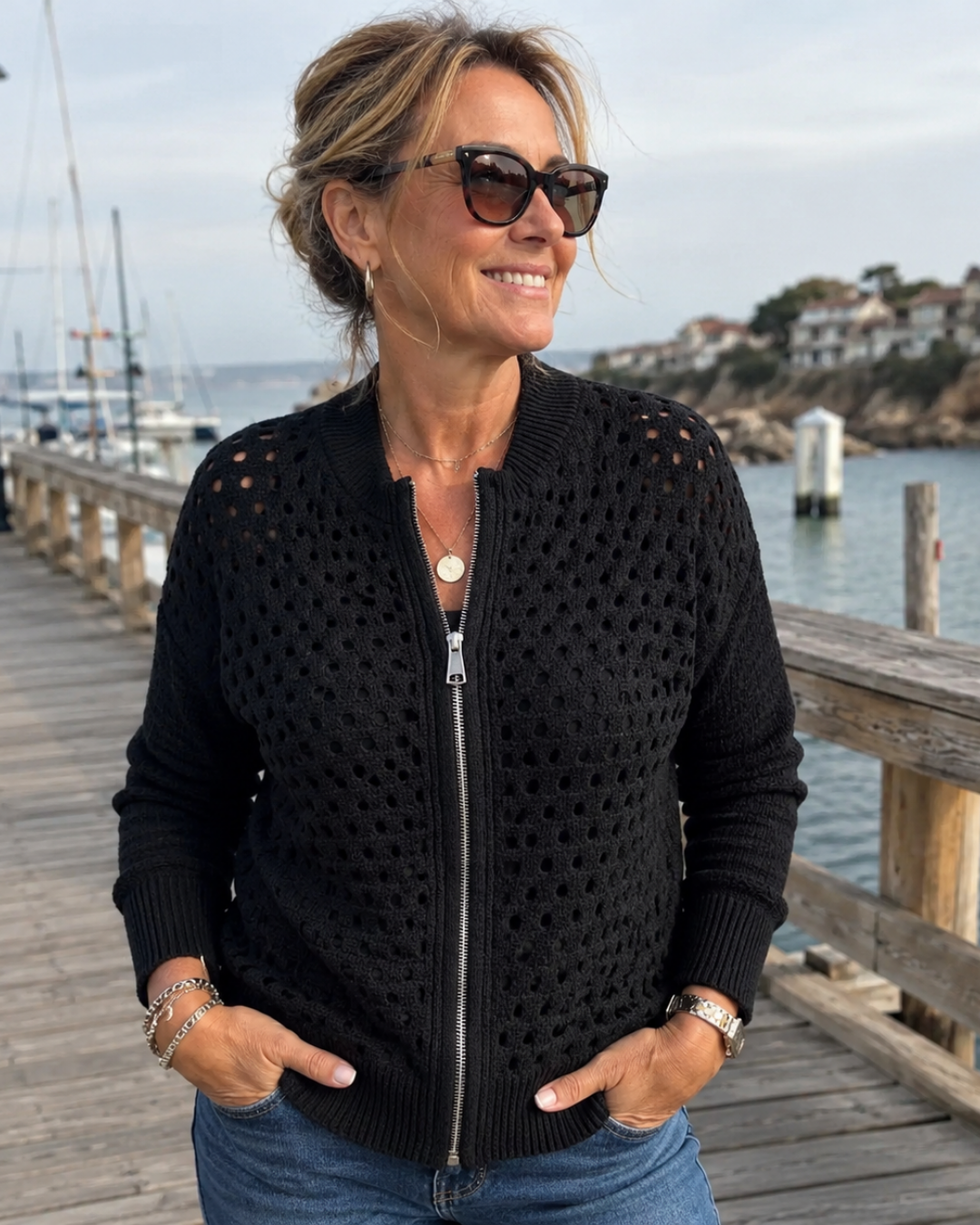 Open Crochet Knit Zip Front Long Sleeve Cardigan 2