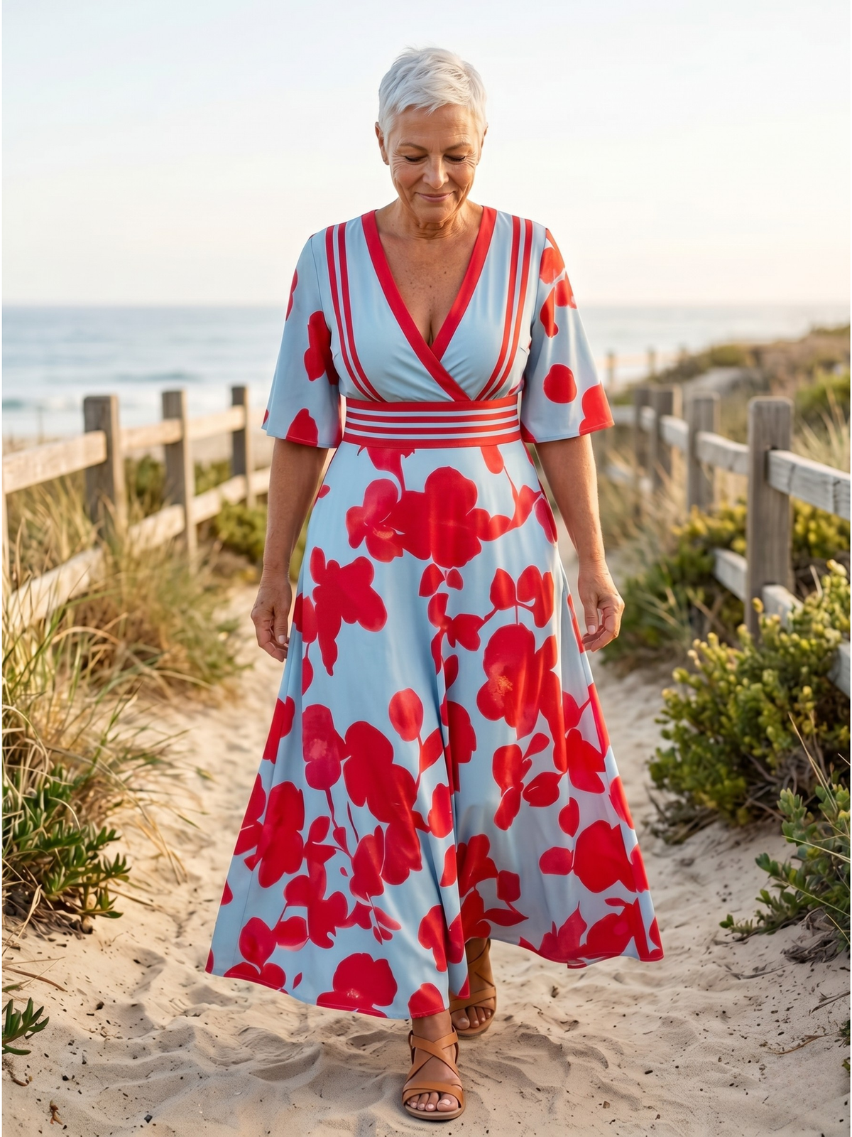Floral Print V-Neck Striped Waist Half Sleeve Maxi Dress