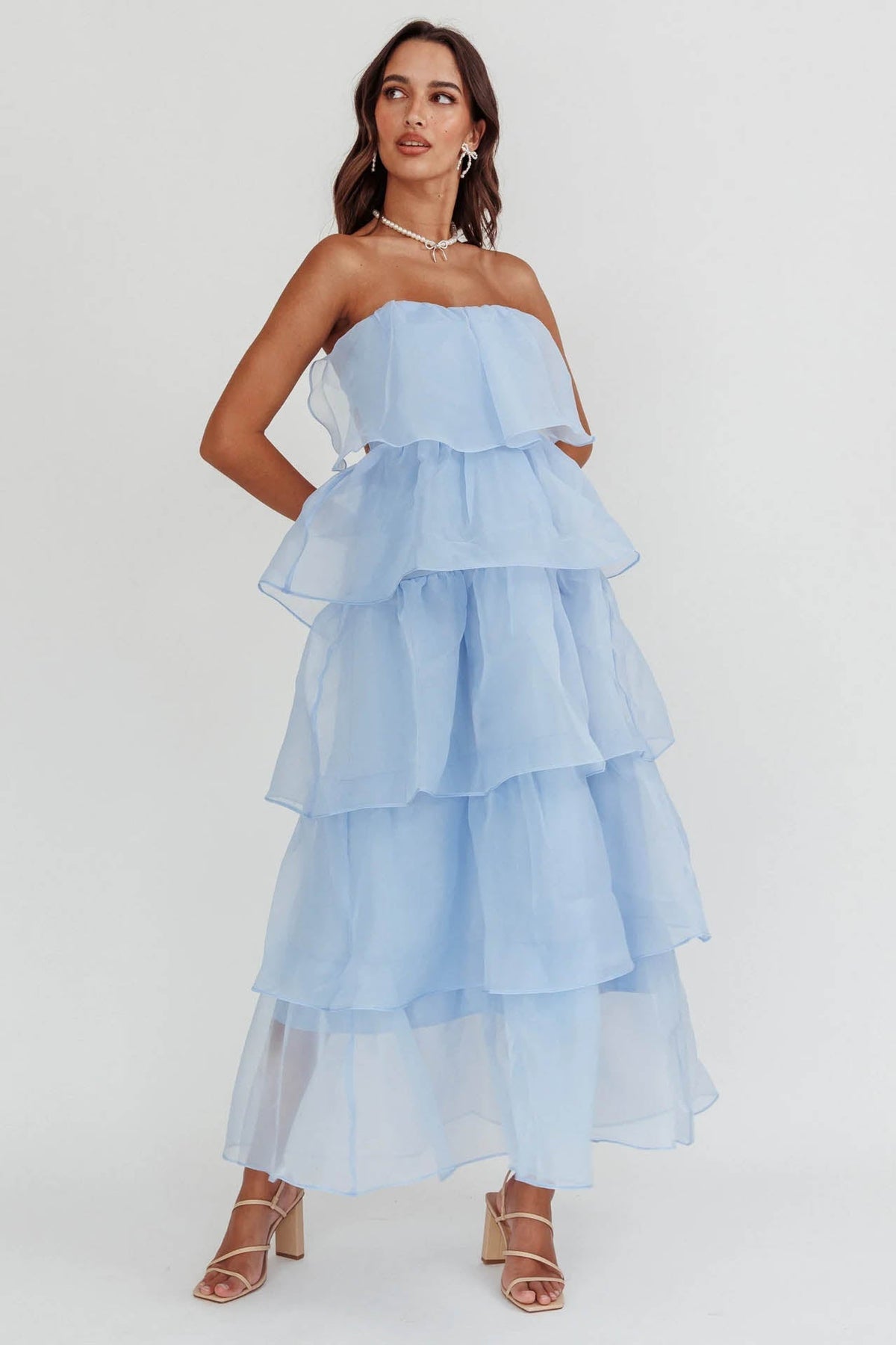 Strapless Backless Tiered Ruffle Organza Maxi Dress - View 13