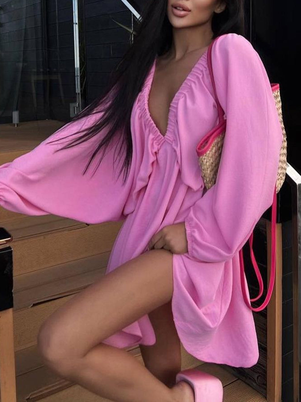 Deep V-Neck Balloon Sleeve Ruched Babydoll Mini Dress 13