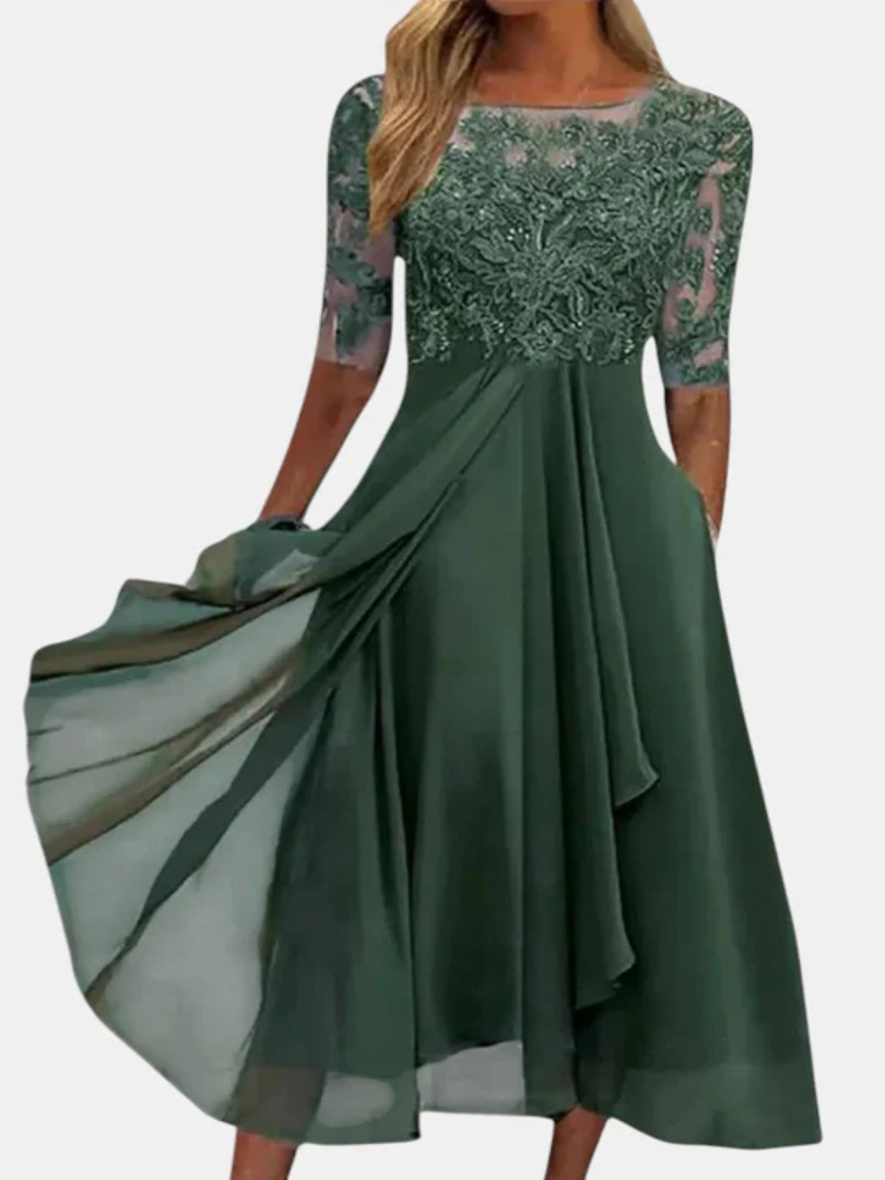Lace Bodice Illusion Neckline 3/4 Sleeve Chiffon A-Line Tea Length Dress 5
