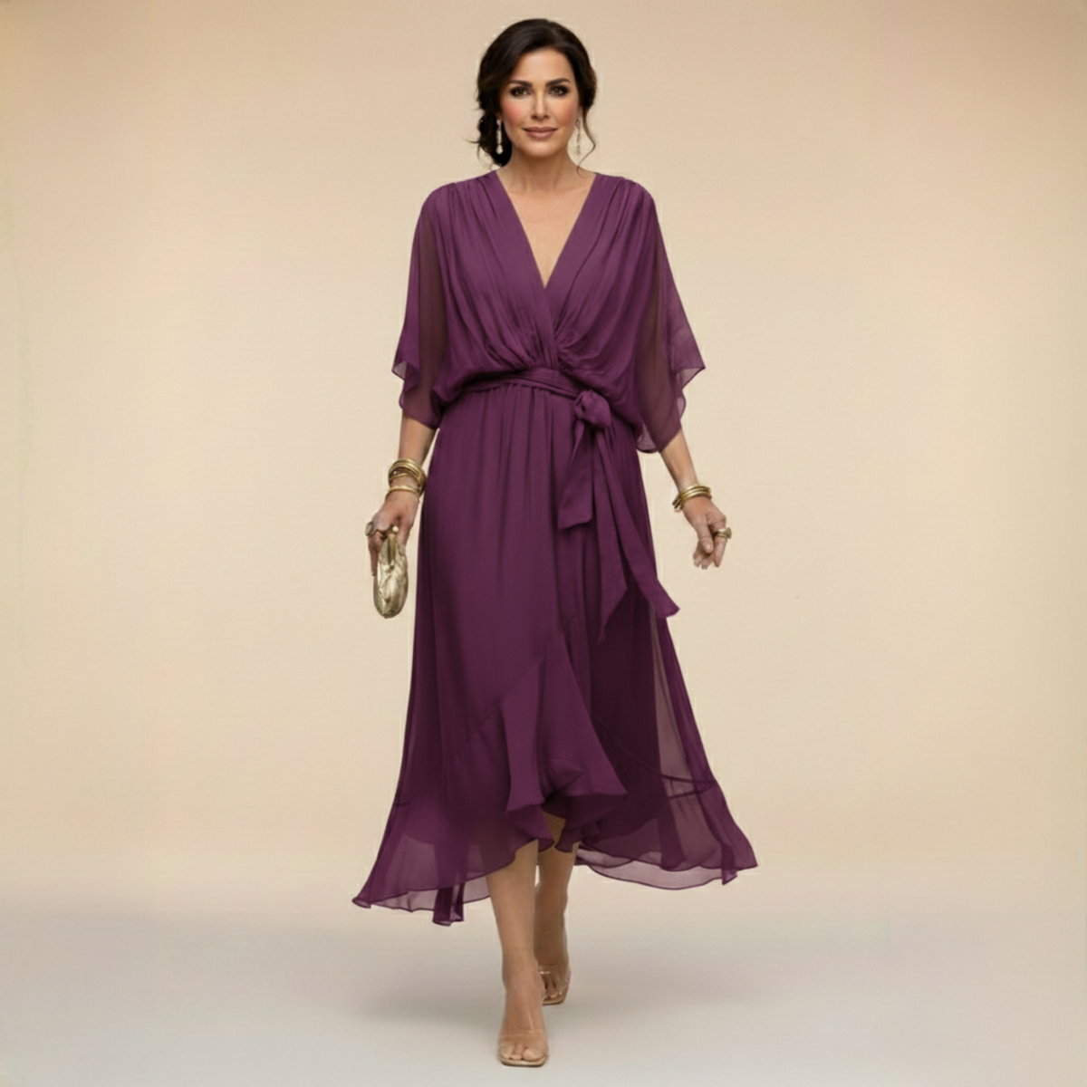Chiffon V-Neck Flutter Sleeve Tie Waist Ruffle Hem Midi Dress 10