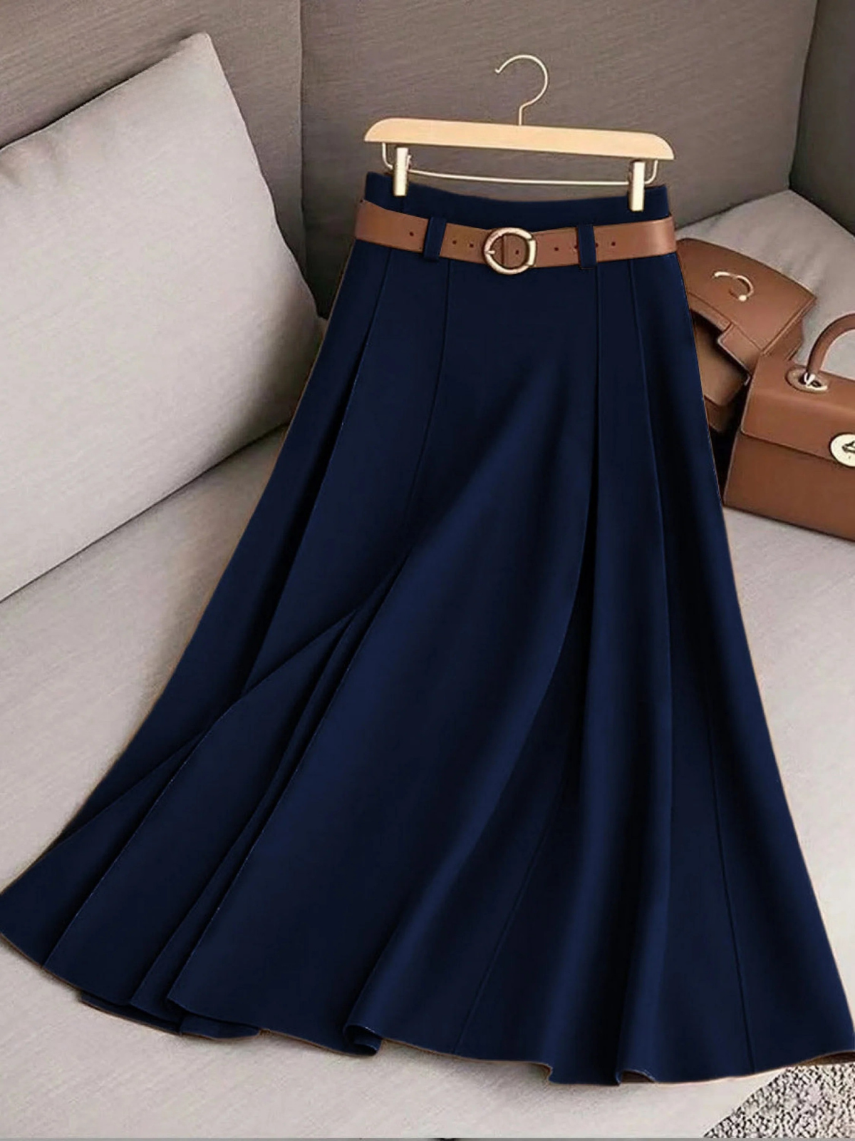 High Waist Belted Pleated A-Line Midi Skirt 6