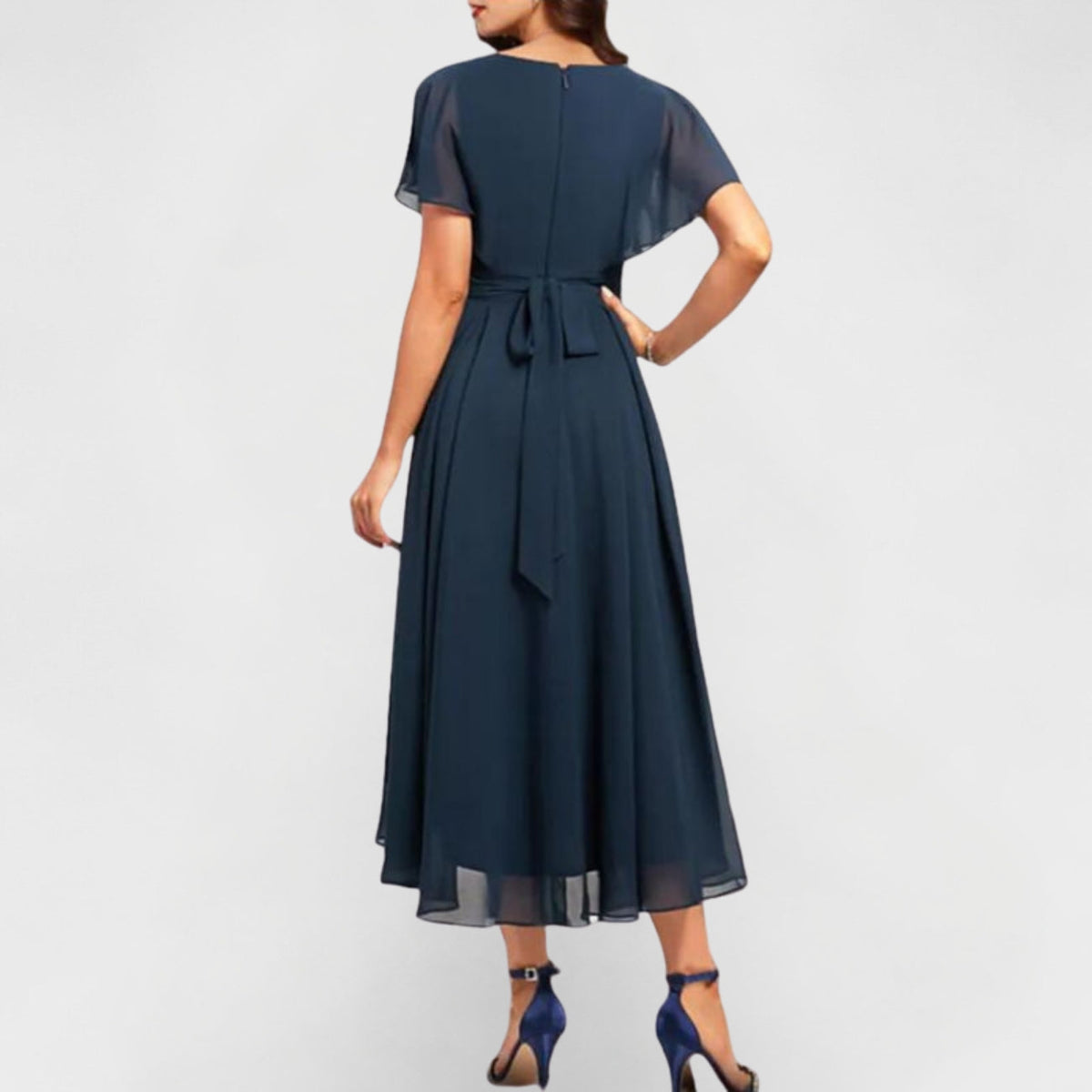 Chiffon V-Neck Flutter Sleeve Ruched High Low Midi Dress 4