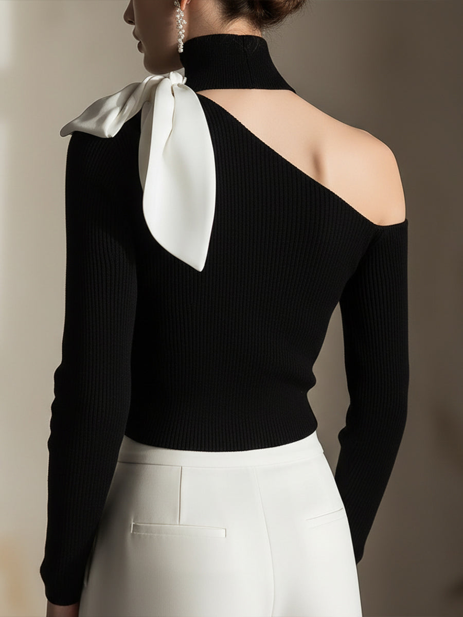One Shoulder Cut Out Choker Neck Bow Long Sleeve Knit Top 4