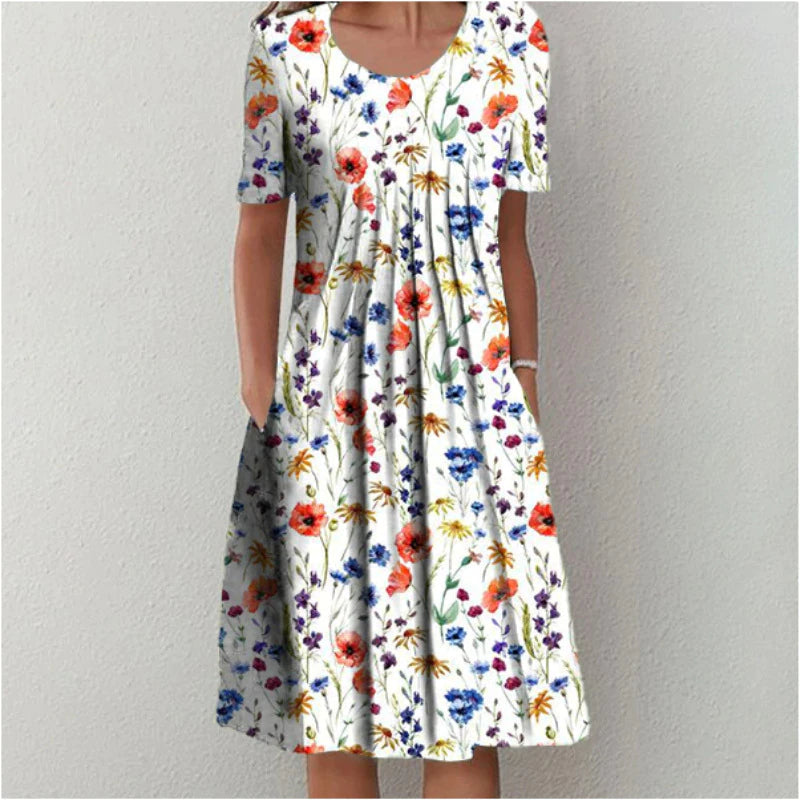 Short Sleeve Scoop Neck Gathered Bodice Pocket A-Line Midi Dress