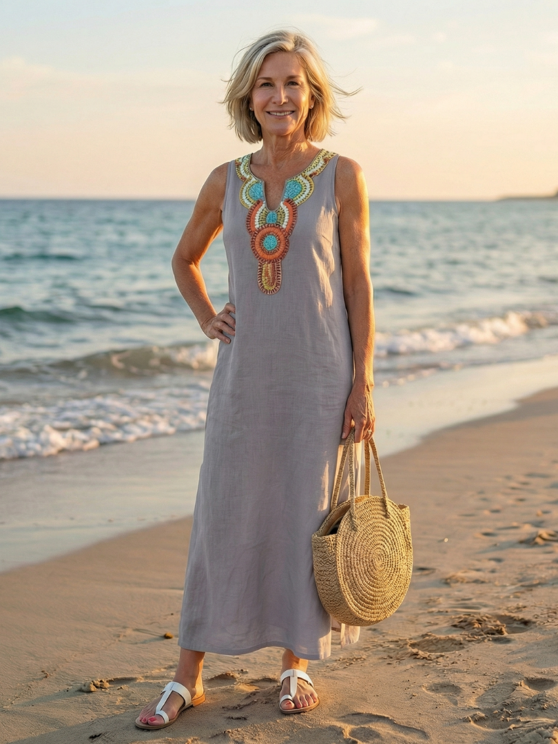 Beaded V-Neck Sleeveless Side Split Linen Look Maxi Dress 2