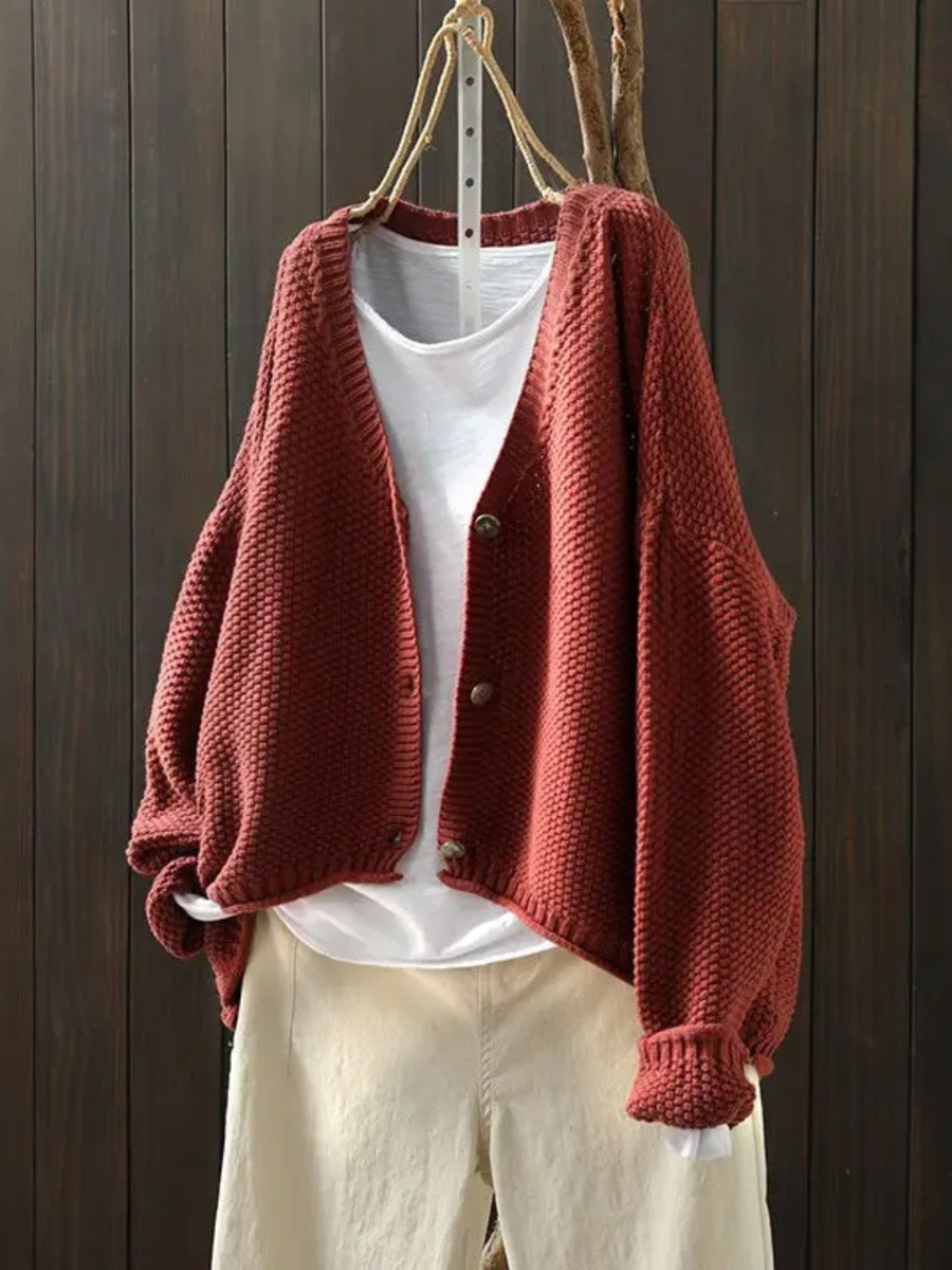 V-Neck Button Front Chunky Knit Oversized Cardigan