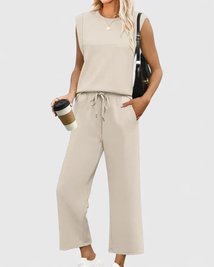 Sleeveless Round Neck Top and Drawstring Wide Leg Pants Two Piece Set 3