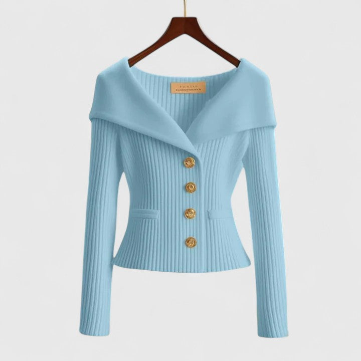 Portrait Collar Button Front Ribbed Knit Sweater 6