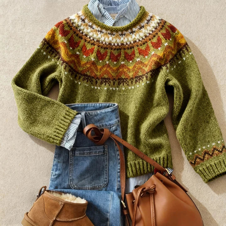Fair Isle Tulip Yoke Crew Neck Pullover Sweater