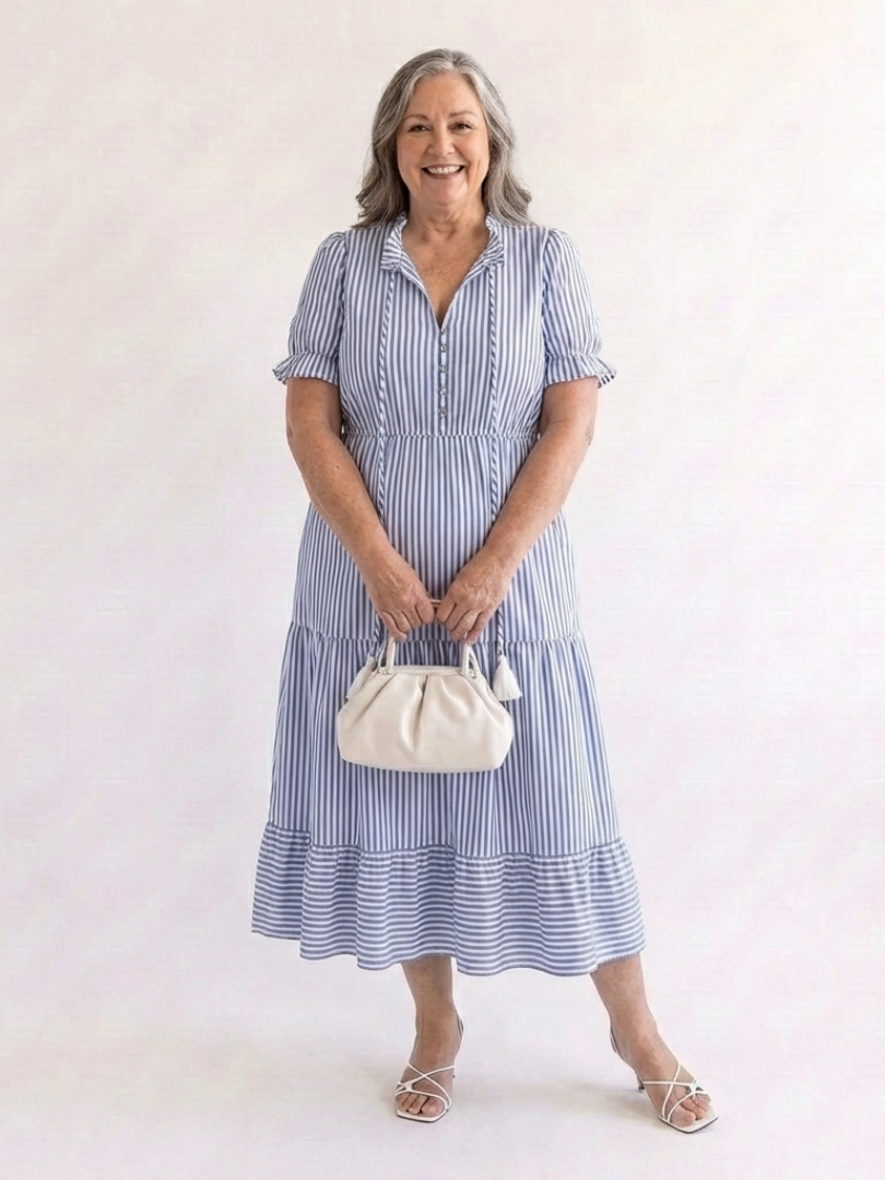 Striped Short Sleeve Button Front Tiered Midi Shirt Dress 5