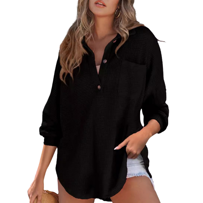Collared Button Front Waffle Knit Long Sleeve Pocket Top 5