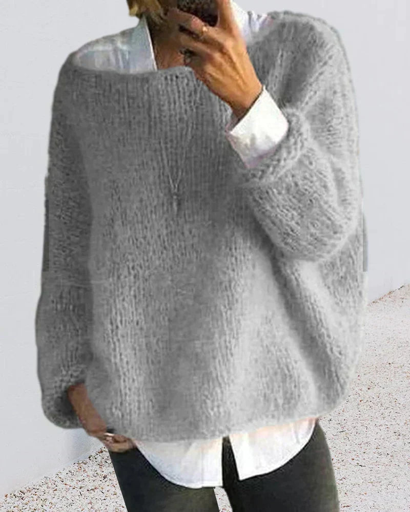 Crew Neck Long Sleeve Fluffy Knit Sweater 3