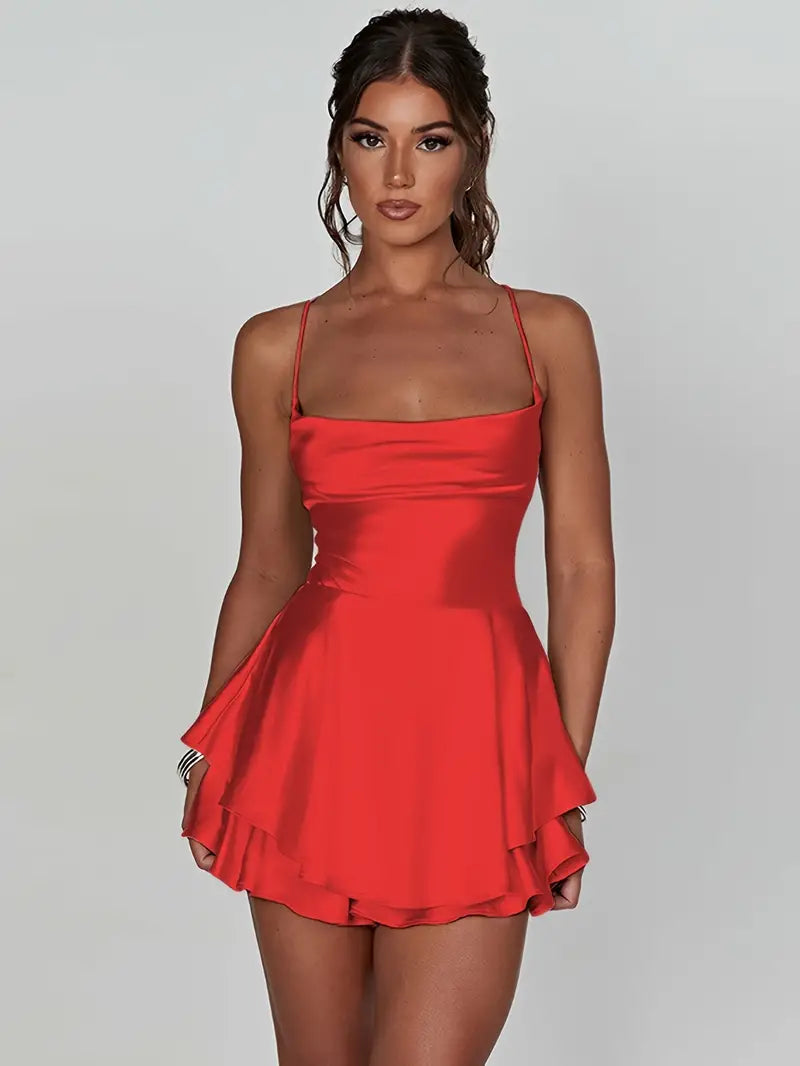 Satin Spaghetti Strap Tiered Ruffle Fit and Flare Mini Cocktail Dress - View 11