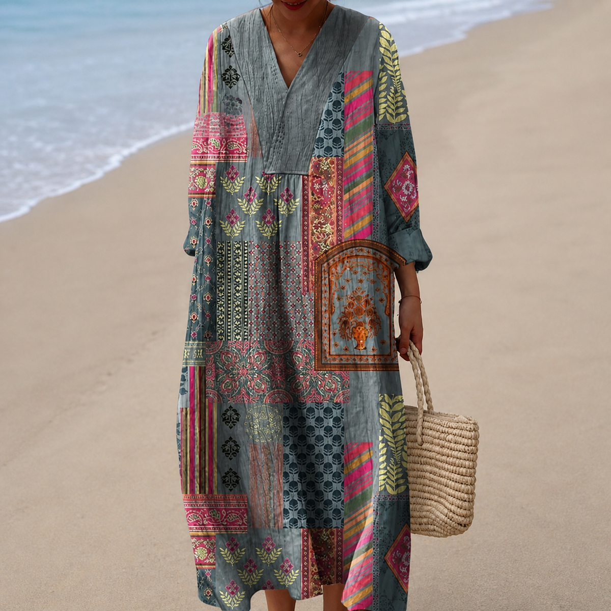 Patchwork Print V-Neck Long Sleeve Boho Maxi Dress