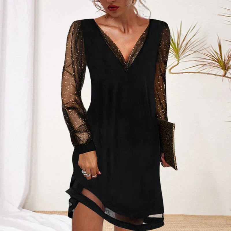 Mesh Glitter Dot Long Sleeve Deep V-Neck Mini Cocktail Dress - View 2