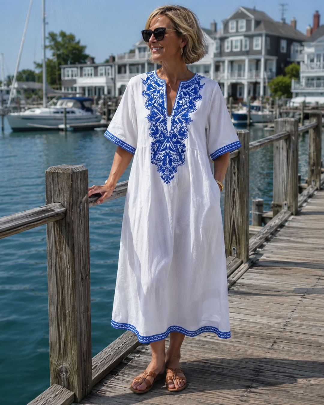 Floral Embroidery Notch Neck Short Sleeve Linen Look Kaftan Maxi Dress 5