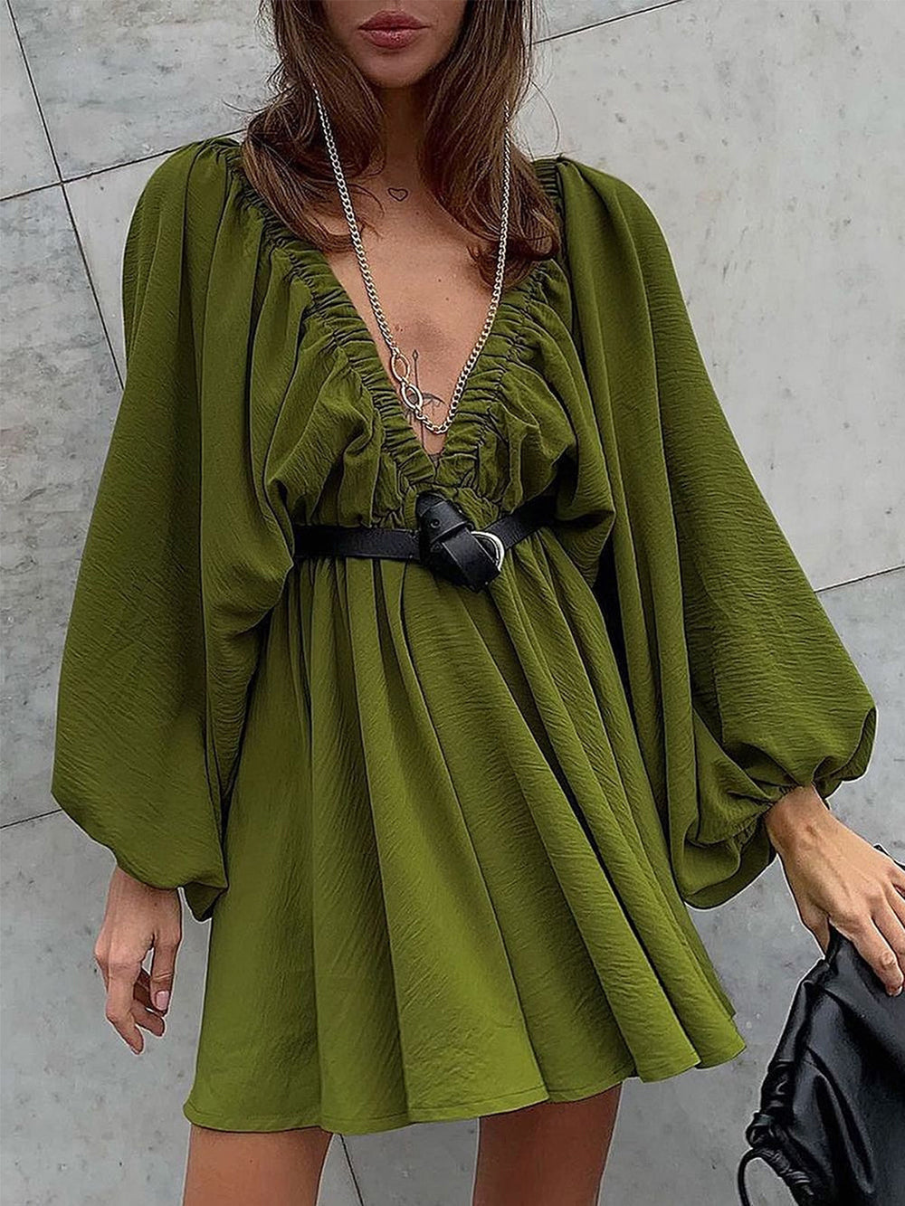 Deep V-Neck Balloon Sleeve Ruched Babydoll Mini Dress 5