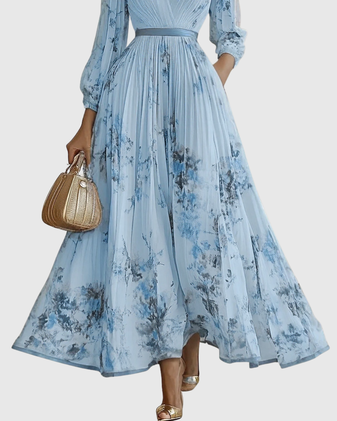 Floral Deep V-Neck Pleated Belted Midi Dress 7
