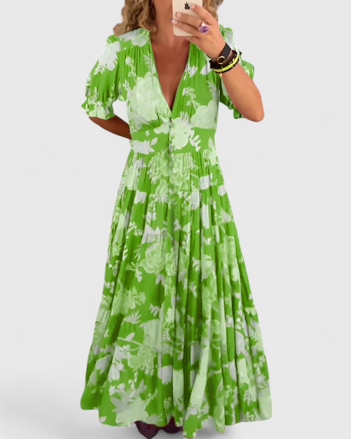 Floral Deep V-Neck Puff Sleeve Tiered Maxi Dress 4