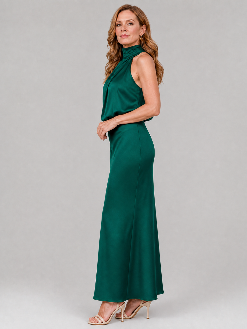 Satin Halter Neck Draped Maxi Dress 6
