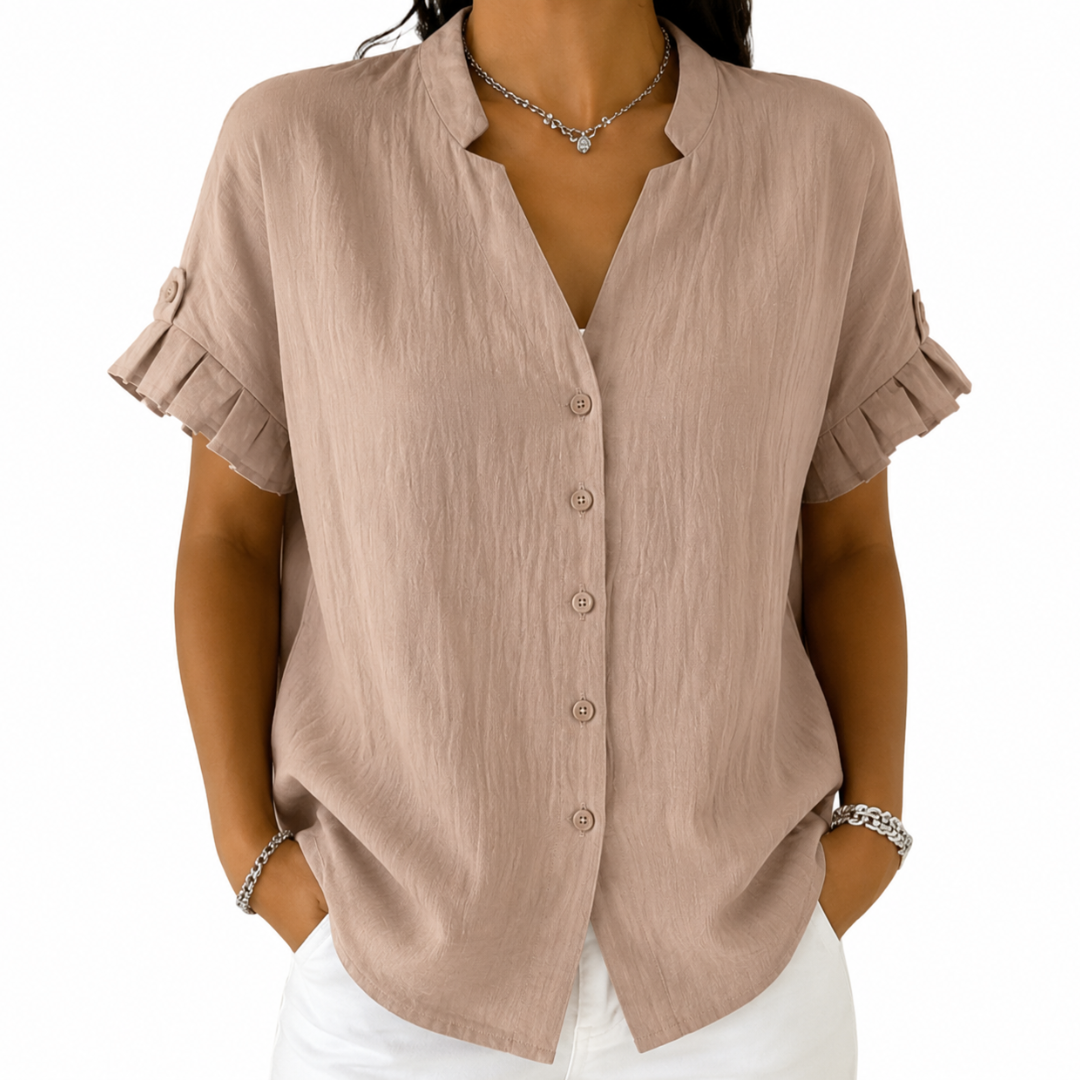 Notch Neck Ruffle Short Sleeve Button Front Blouse 5