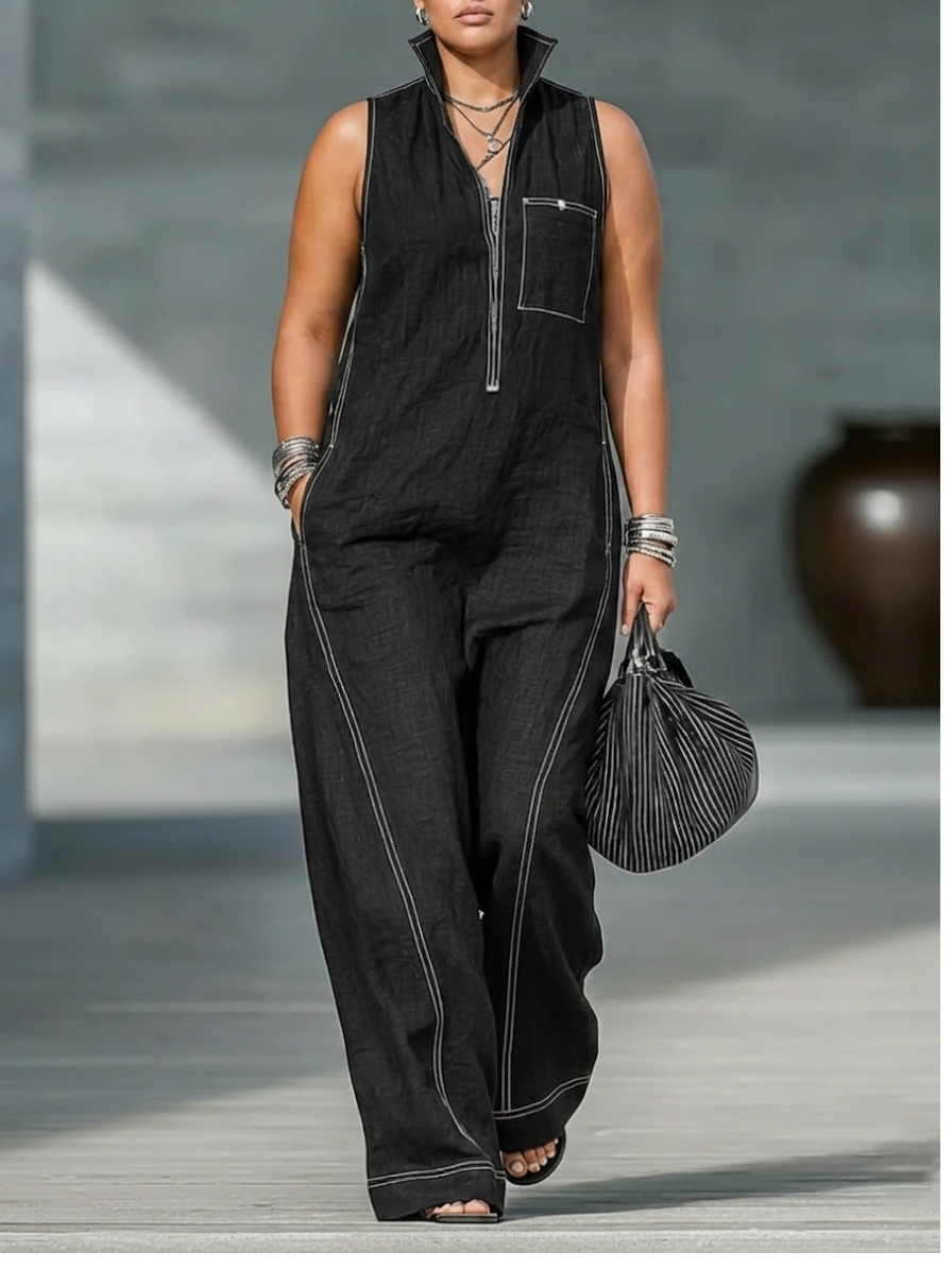 Sleeveless Stand Collar Quarter Zip Contrast Stitch Wide Leg Jumpsuit 2