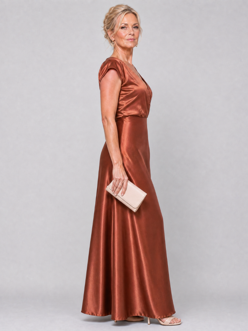 Surplice V-Neck Cap Sleeve Satin Maxi Gown 6