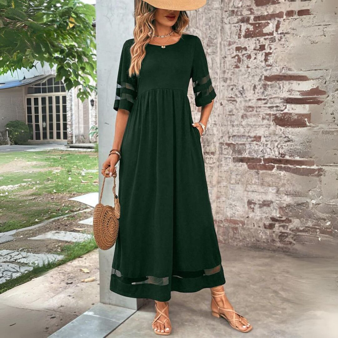 Round Neck Mesh Insert Half Sleeve Maxi Dress 5