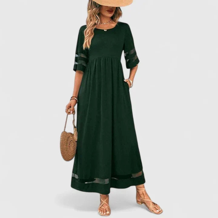 Round Neck Half Sleeve Sheer Stripe Gathered Waist Midi Dress 7