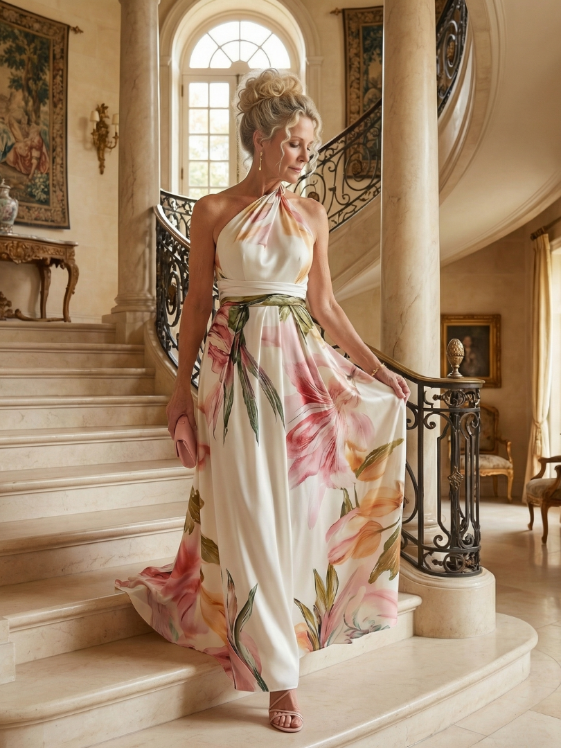 Floral Print One Shoulder Satin Maxi Dress 11